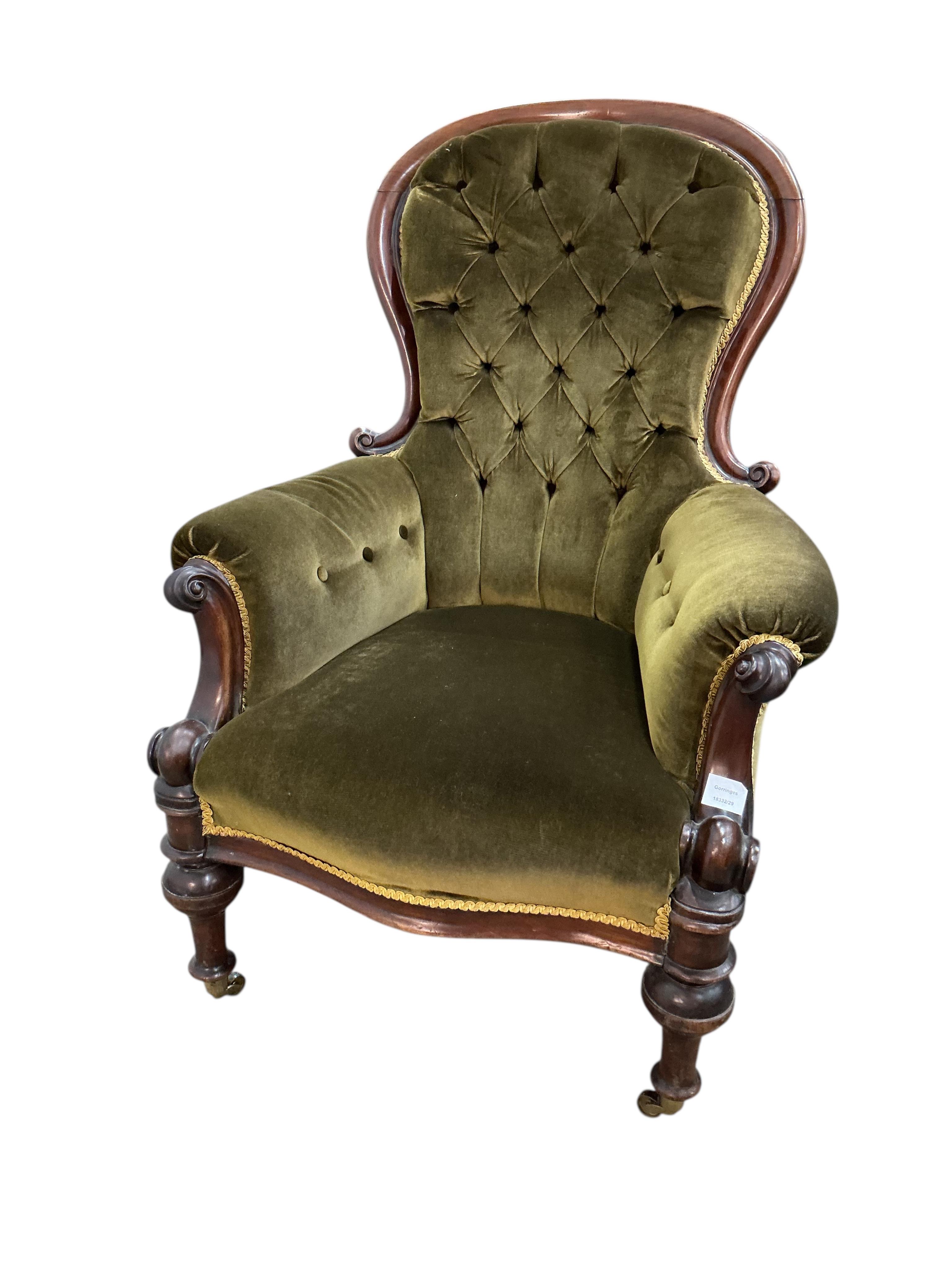 Two Victorian upholstered mahogany spoonback armchairs, larger width 76cm, depth 66cm, height 104cm together with a Victorian rosewood cabriole leg stool